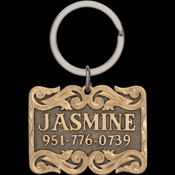 JASMINE, German silver Base 2" x 1.5" with Jewelers Bronze Letters and Scrollwork with Antique. 